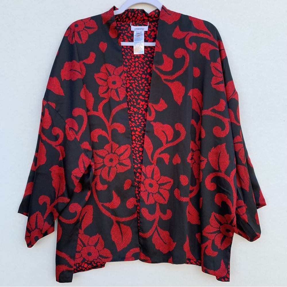 CHICO’S Festive Fleur Reversible Short Kimono Sz L/XL Covering Ruana wild Poppy